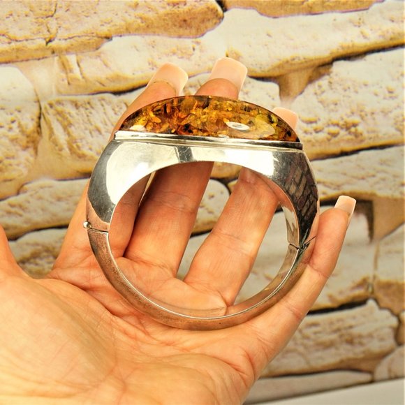 HUGE AMBER 925 SILVER BANGLE BRACELET, RARE TO FIND JEWELRY - Picture 1 of 11